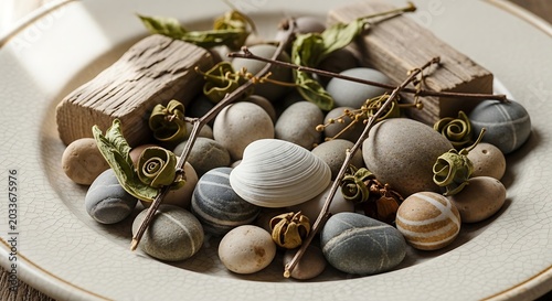 A decorative bowl filled with smooth river stones, sea shells, and small twigs.