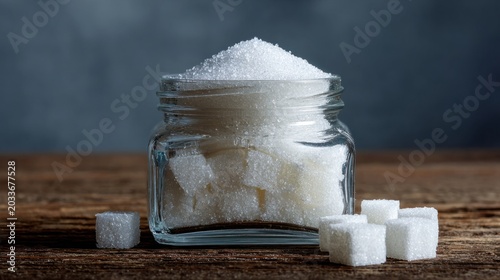 Small clear glass jar filled with fine white sugar cubes on wooden surface