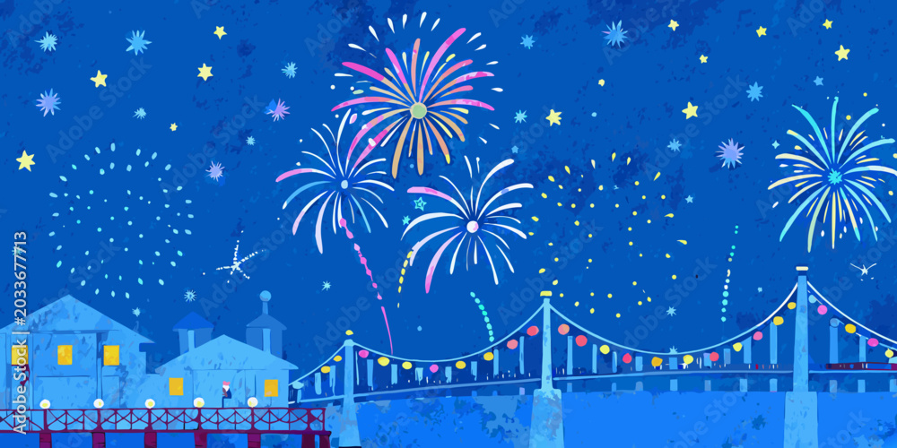 Obraz premium Fireworks display over a cityscape colorful vector illustration