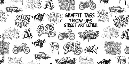Obraz na plátně Graffiti tags and bicycle illustrations black and white vector pattern