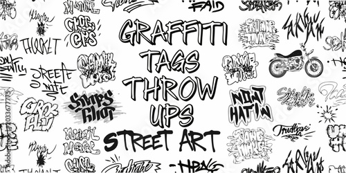 Bild auf Leinwand Graffiti tags and throw ups street art seamless vector pattern on white