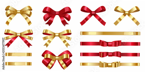 Foto Gold and red ribbon bows vector illustration with decorative elements