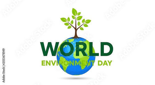 Earth Day globe with growing tree and world environment day text vector illustration