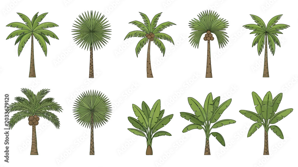 Naklejka premium tropical palm trees and banana plants vector illustration collection on white background perfect for summer vacation and nature designs