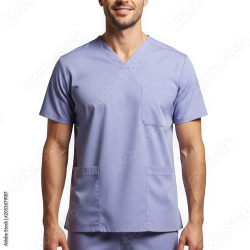 Male Medical Scrubs Top, Healthcare Uniform, Nurse Apparel, Blue V-Neck Workwear, Professional Garment, Hospital Clothing