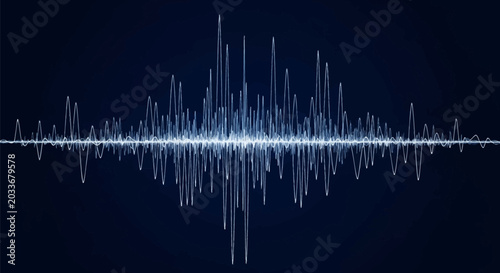 Digital frequency signal with white oscillating lines and varying peaks on a dark navy blue background, representing an oscilloscope, audio sound wave, or quantum data visualization.