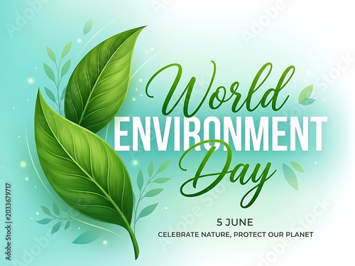 World Environment Day greeting card with green leaves illustration on a soft light blue background for nature conservation awareness and global eco...