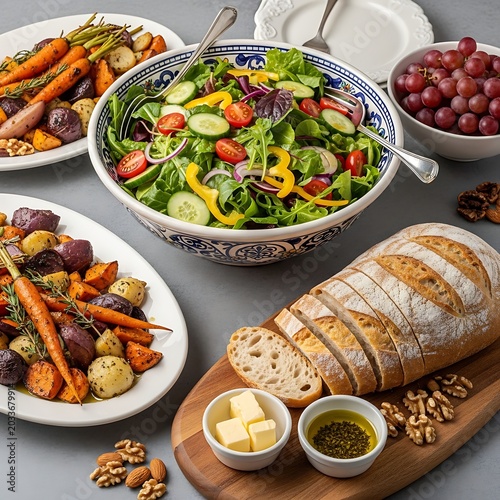A delicious spread of healthy vegetarian food with salad, roasted vegetables, fresh bread, and grapes.