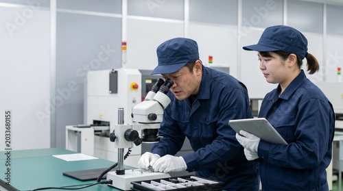 製造現場で顕微鏡による品質管理の研修を行う日本人ベテラン技術者とタブレットを持つ女性作業員
