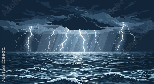 Vector illustration of a powerful lightning storm over a choppy ocean at night with multiple bright bolts striking from dark storm clouds into the turbulent sea waves and horizon.