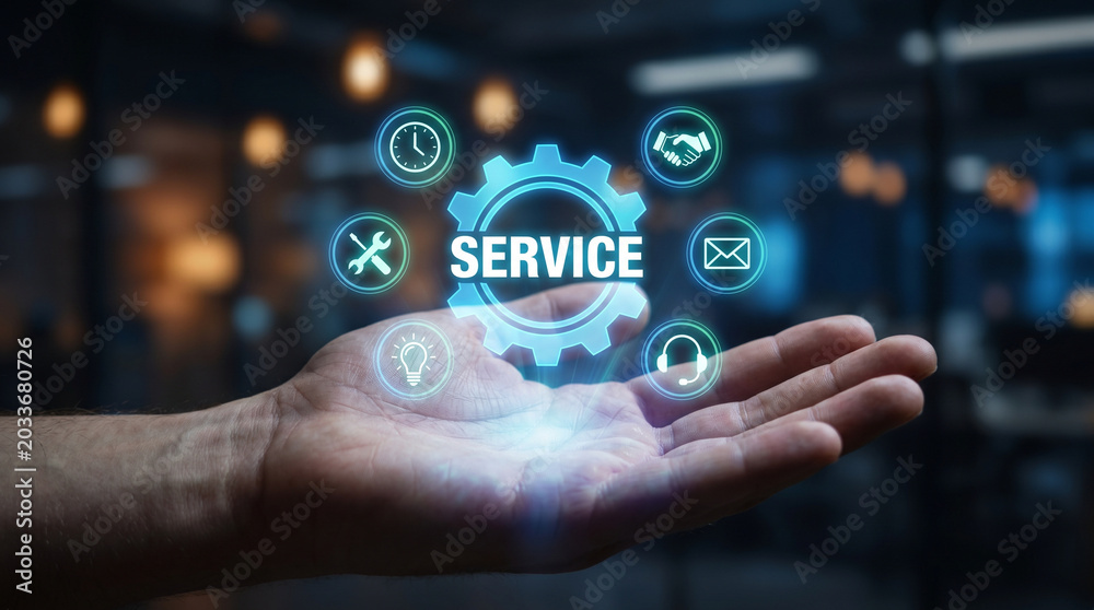 Fototapeta premium Business professional holding a glowing digital service gear icon interface above their open palm