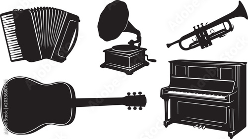 Vintage musical instruments silhouette set featuring upright piano gramophone accordion trumpet and acoustic guitar isolated graphic elements, silhouette