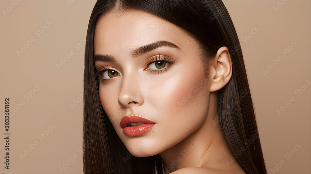 Naklejka premium beautiful woman model portrait with beautiful hair and eyes on beige background