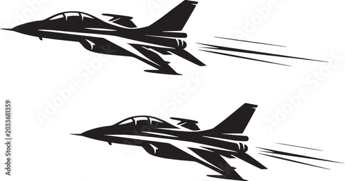 Military fighter jet vector silhouettes, supersonic combat aircraft flying in formation, black and white aviation icons for air force and defense