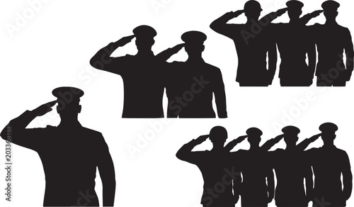 Bild auf Leinwand Military soldier silhouettes saluting in uniform, army personnel group vector se