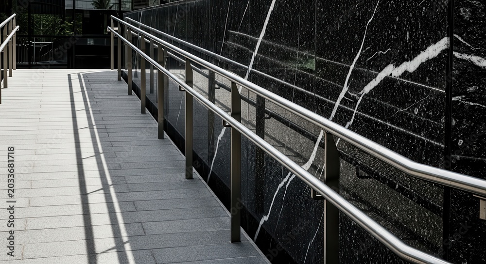 Obraz premium Modern accessibility ramp with stainless steel handrails and elegant black marble wall background in an urban setting.