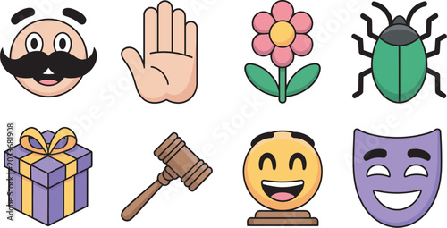Quadro su tela funny prank day vector icons, mustache face, raised hand, flower, bug, hammer, s