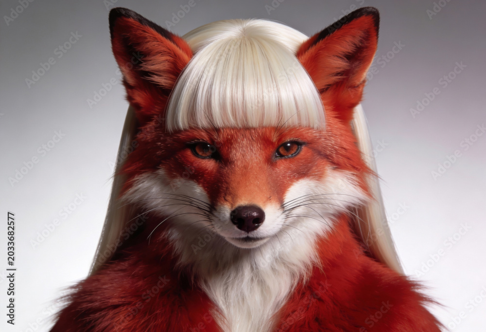 Naklejka premium A striking portrait of a red fox with piercing eyes and a lush, fiery coat, wearing a platinum blonde wig, against a soft gray background
