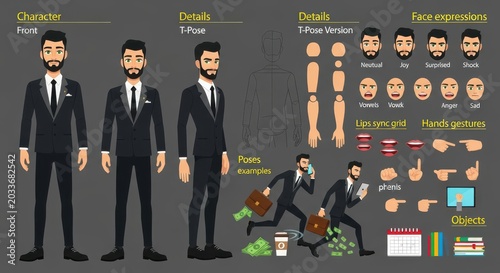 Businessman Character Design Sheet with Various Poses, Facial Expressions, Hand Gestures, and Office Objects for Animation