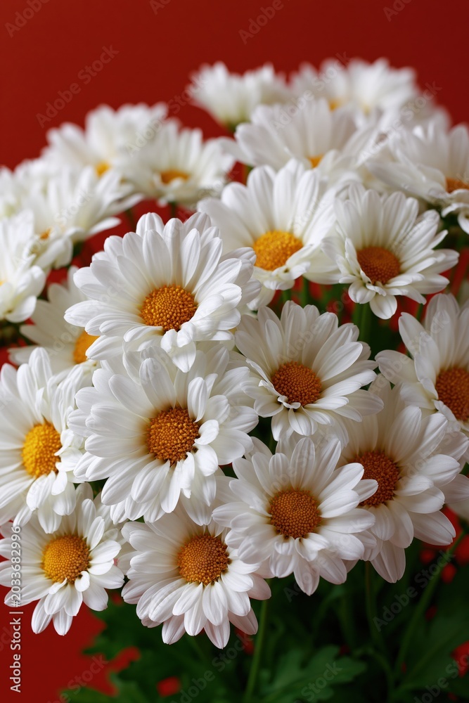 Obraz premium Vertical closeup of white daisy bouquet with yellow centers on red background for vertical wallpaper and editorial floral layout