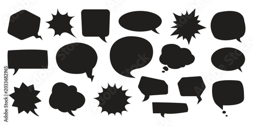 Comic speech bubble silhouette set black chat balloon explosive burst clouds vector blank message shapes collection