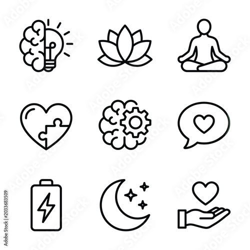 Tableau sur toile Mental health and mindfulness line icon set for wellness and psychology with sel