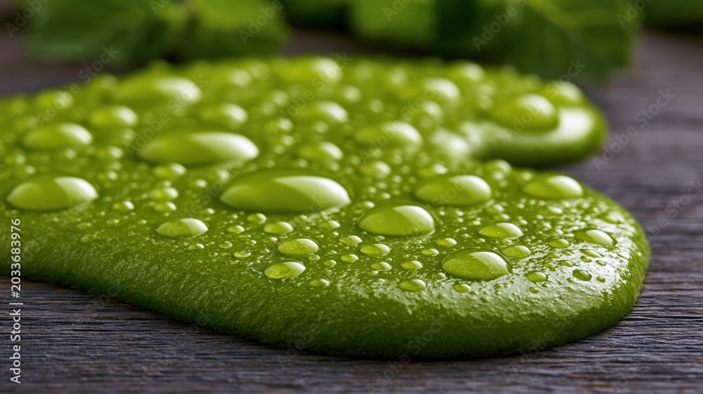Obraz premium Green viscous liquid droplets on wooden surface close up for organic texture background and abstract design