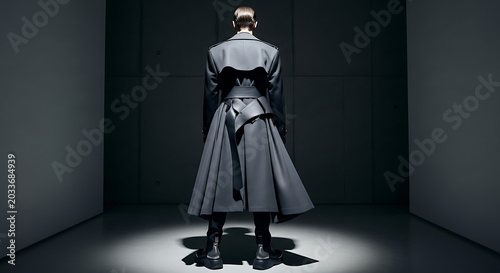 Rear view of a person in a dark coat with a belt and boots standing in a spotlight in a dark room ai generated