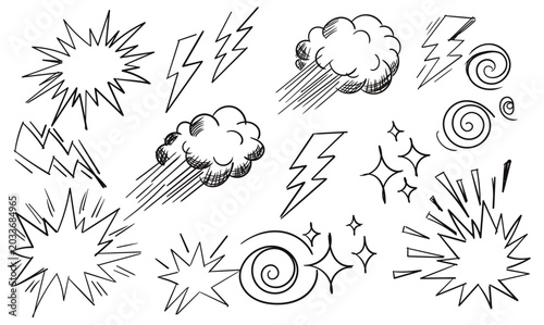 Obraz na płótnie A collection of hand drawn comic book style elements including various explosion shapes, lightning bolts, stormy clouds with rain, and swirling patterns
