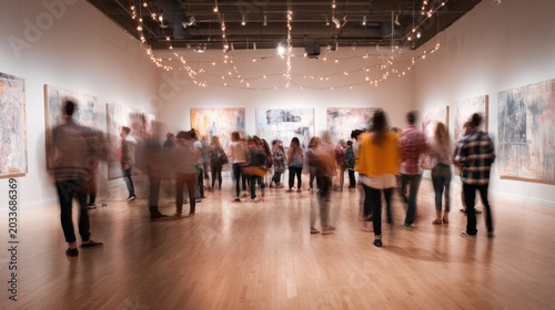 Vibrant art gallery interior during evening exhibition featuring diverse contemporary artworks and a lively crowd of visitors