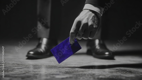 Close-up of male hand holding blue card down with black shoe background in low light