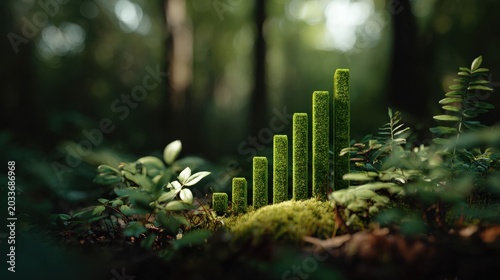 Vibrant green bar graph model emerging amidst lush forest foliage, symbolize growth and ecological progress in a natural environment