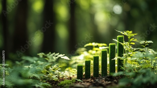 Vibrant green bar graph resembling plant stalks growing amidst lush foliage and vibrant natural surroundings, symbolizing growth and environmental sustainability