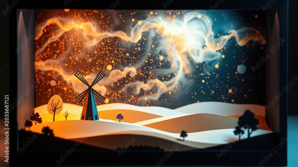 Obraz premium Papercraft scene depicts windmill, rolling hills, vibrant night sky. Stars, nebula create dreamy, layered effect. Warm colors dominate.