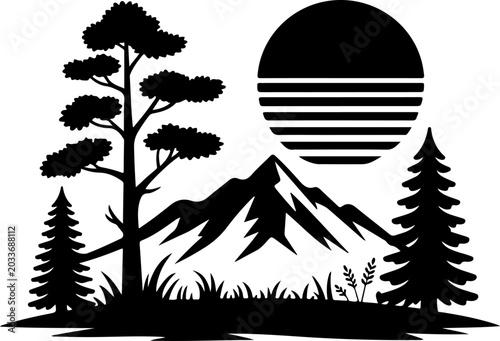 Sunset Mountain Forest Silhouette Vector