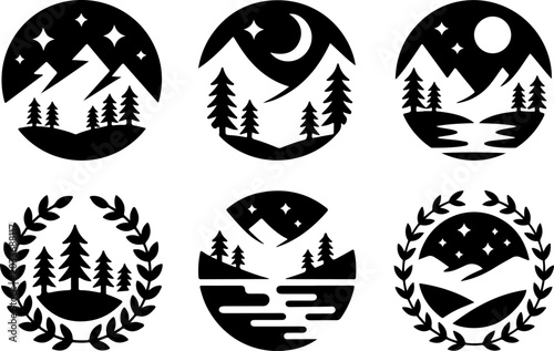 Sunset Mountain Forest Silhouette Vector