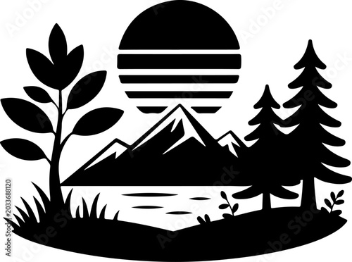 Sunset Mountain Forest Silhouette Vector