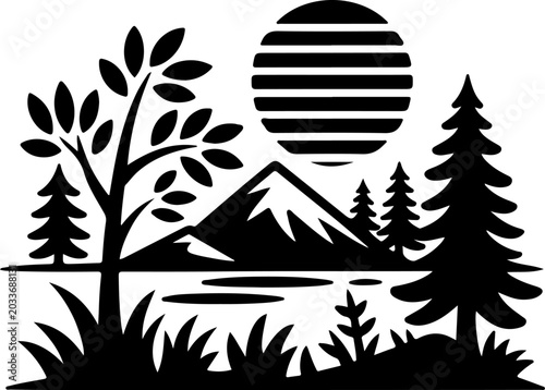 Sunset Mountain Forest Silhouette Vector