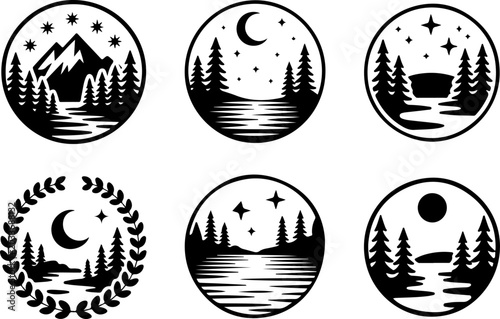 Sunset Mountain Forest Silhouette Vector