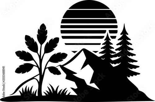 Sunset Mountain Forest Silhouette Vector