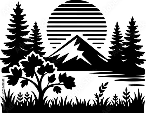 Sunset Mountain Forest Silhouette Vector