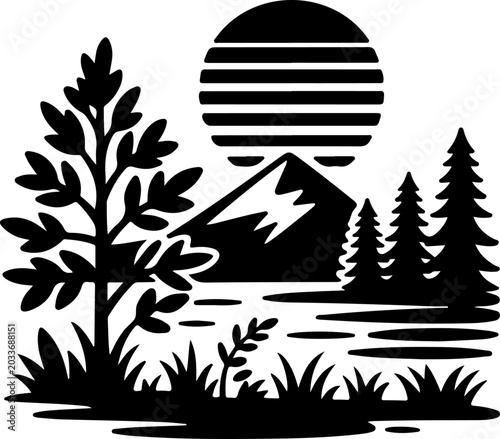 Sunset Mountain Forest Silhouette Vector