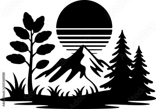 Sunset Mountain Forest Silhouette Vector