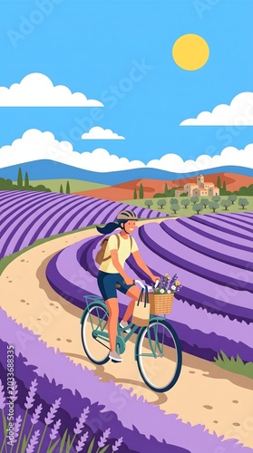 rides through lavender field under bright sky peaceful countryside journey