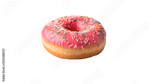Quadro su tela Sweet round donut or doughnut pastry with bright pink glaze frosting and colorfu