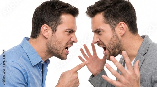 Two angry men arguing intensely, with one pointing and the other gesturing with open hands.
