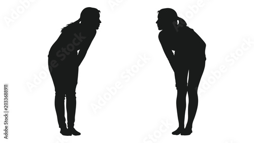 Schilderij op canvas Two people bowing silhouettes against a white background a formal gesture of res
