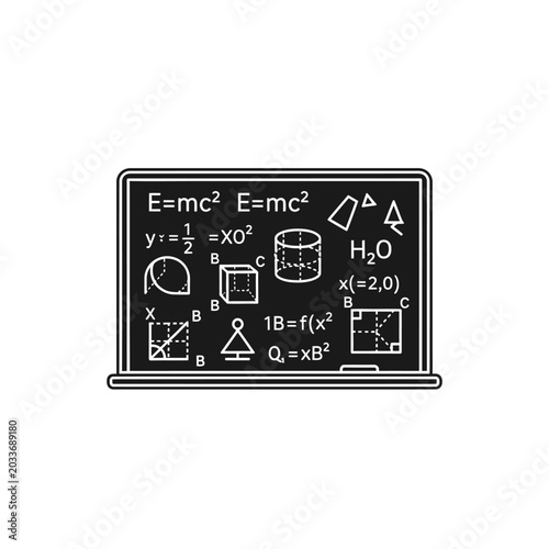 Blackboard with physics and math formulas and geometry.