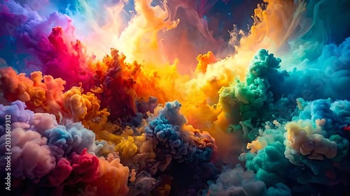 Vibrant clouds of colorful ink swirling in clear liquid water
