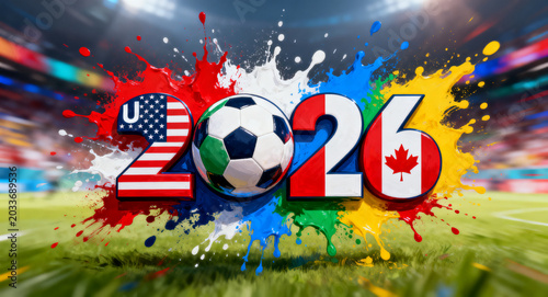 Vibrant 2026 international football graphic, with host flags, soccer ball, paint splatters, and stadium backdrop, symbolizing global spirit